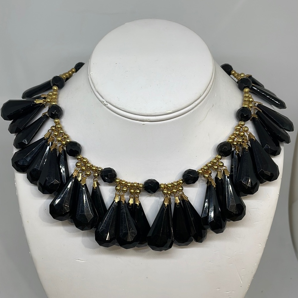 YSL YVES Saint Laurent black faceted glass jet runway necklace